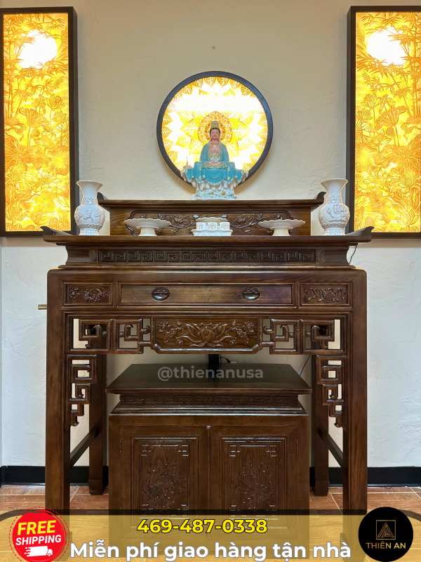 Bàn thờ 2 tầng nâu vàng triện sen ngăn kéo + Tủ Cơm